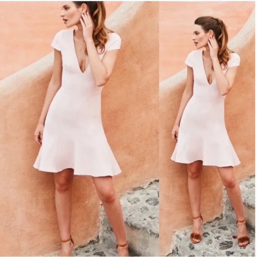 Dress The Population Bettie Deep Plunge Fit and Flare Dress Powder Blush